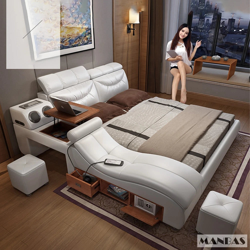 Linlamlim Bed Tech Smart Bed with Leather, Massage, USB, Bluetooth Speaker