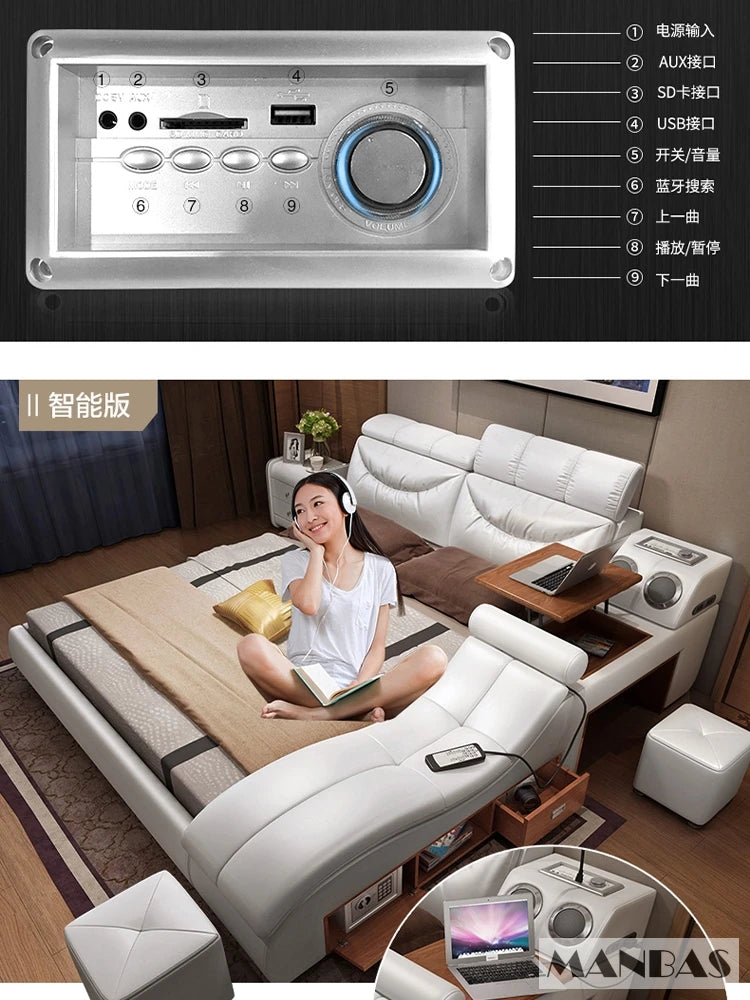 Linlamlim Bed Tech Smart Bed with Leather, Massage, USB, Bluetooth Speaker