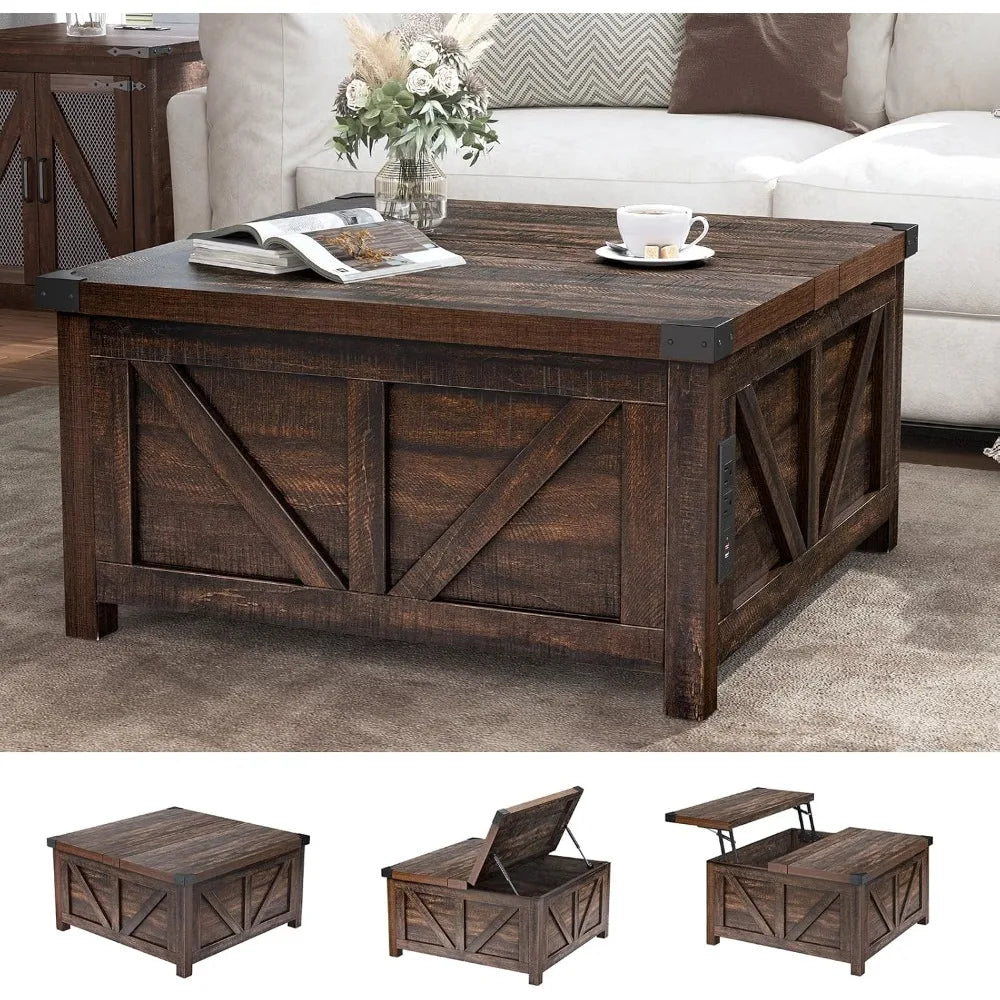 Farmhouse Lift-Top Coffee Table – Wood Center with USB Charging & Hidden Storage