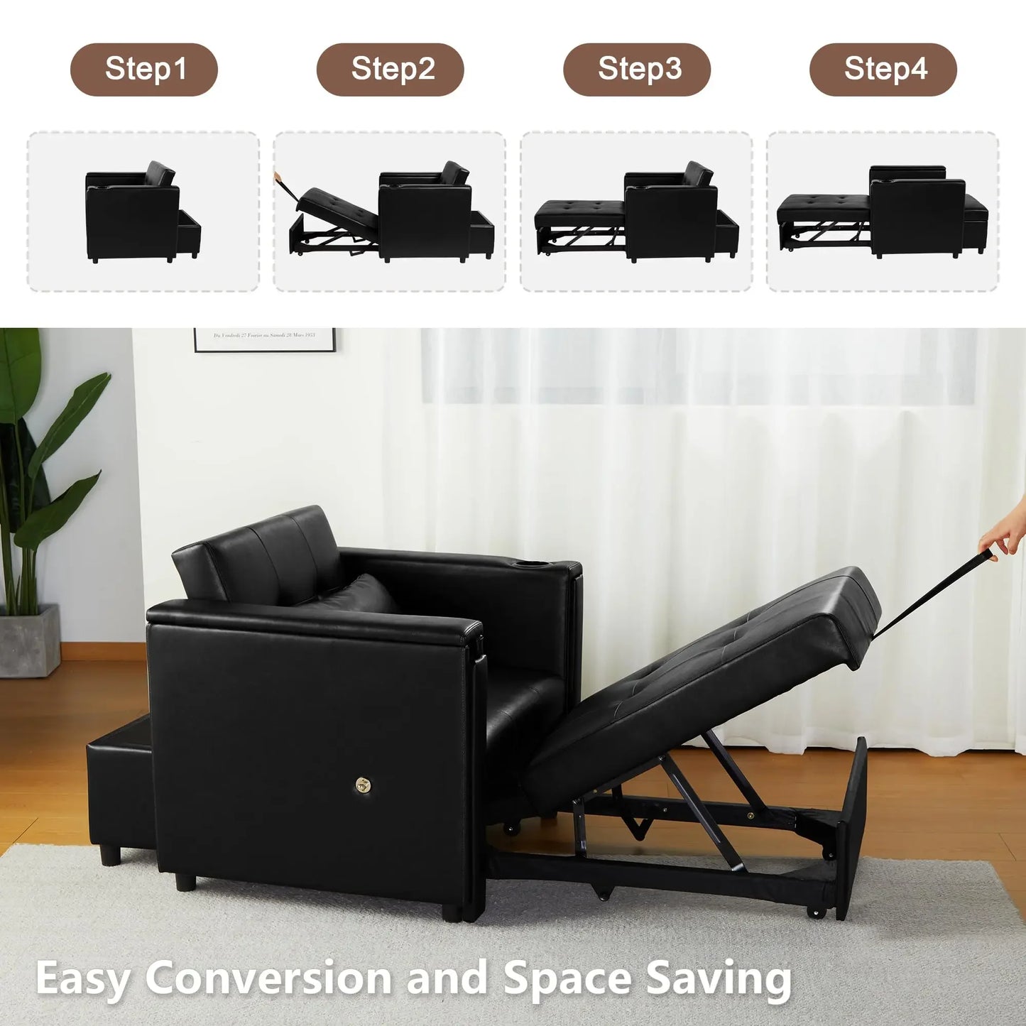 Leather 3-in-1 Convertible Chair Bed – Multi-Functional Lounge with Hidden Table