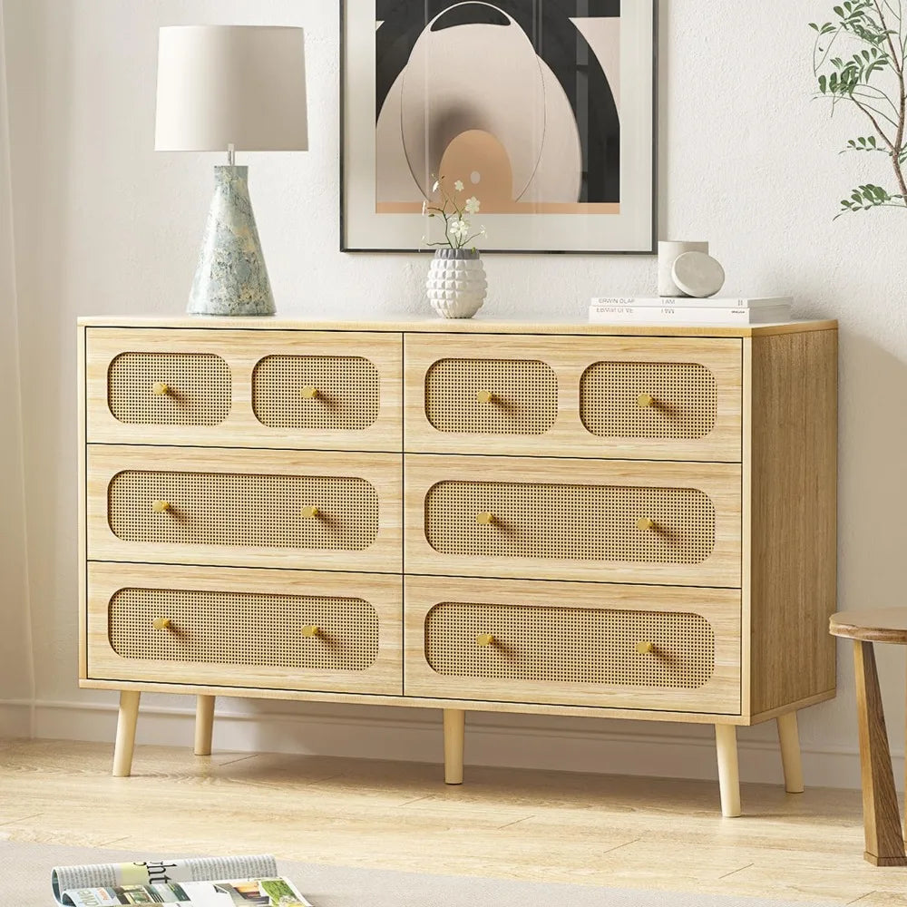 Rattan 6-Drawer Dresser – Modern Storage with Gold Handles