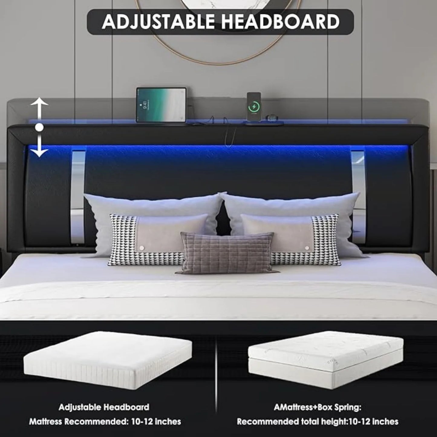 Smart Bed Faux Leather Platform with RGB LED & Storage