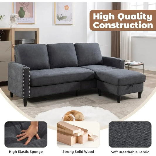 3-Seater Convertible L-Shaped Sectional – Storage Chaise & 2 Cup Holders