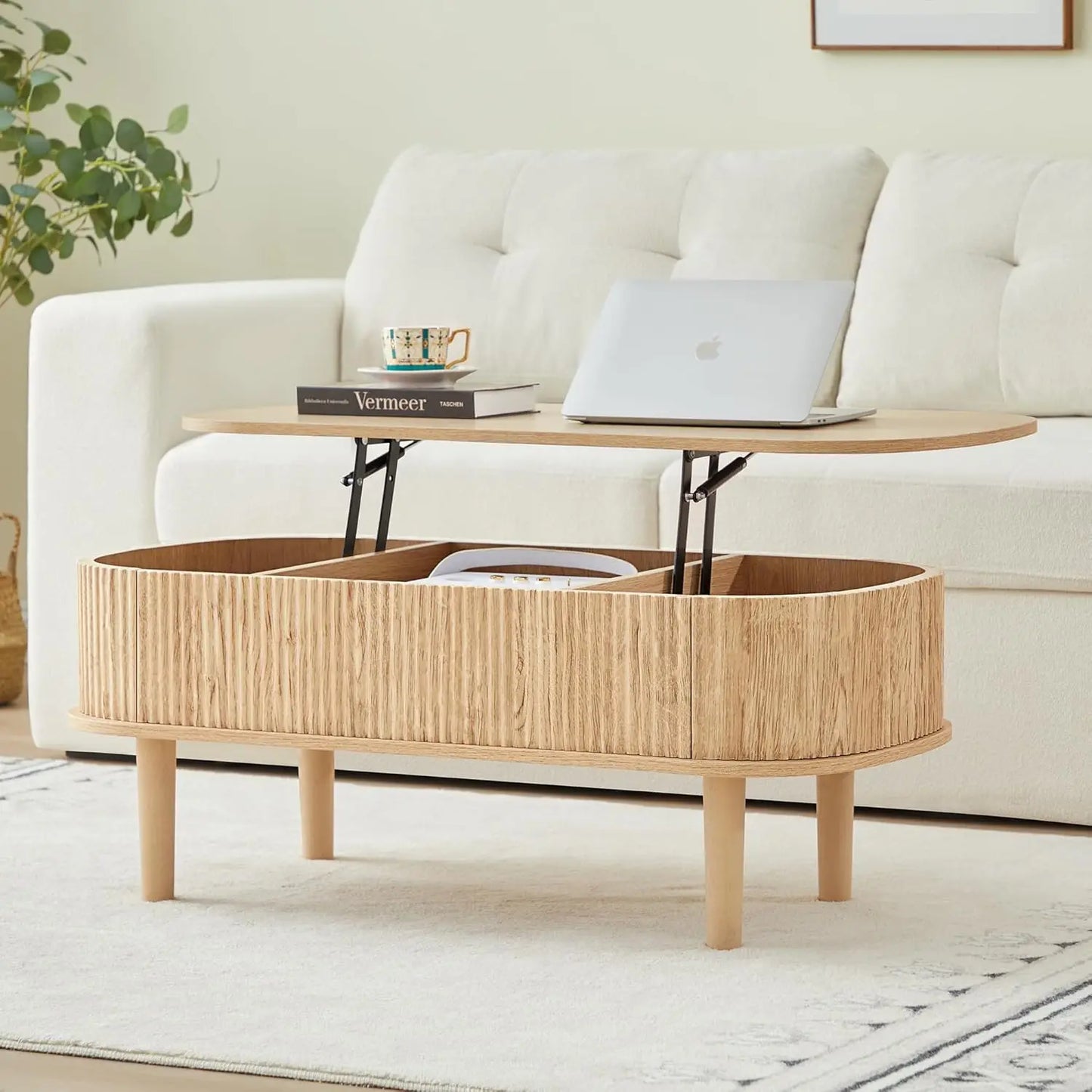 Modern Oval Fluted Lift-Top Coffee Table – Fully Assembled with Hidden Storage