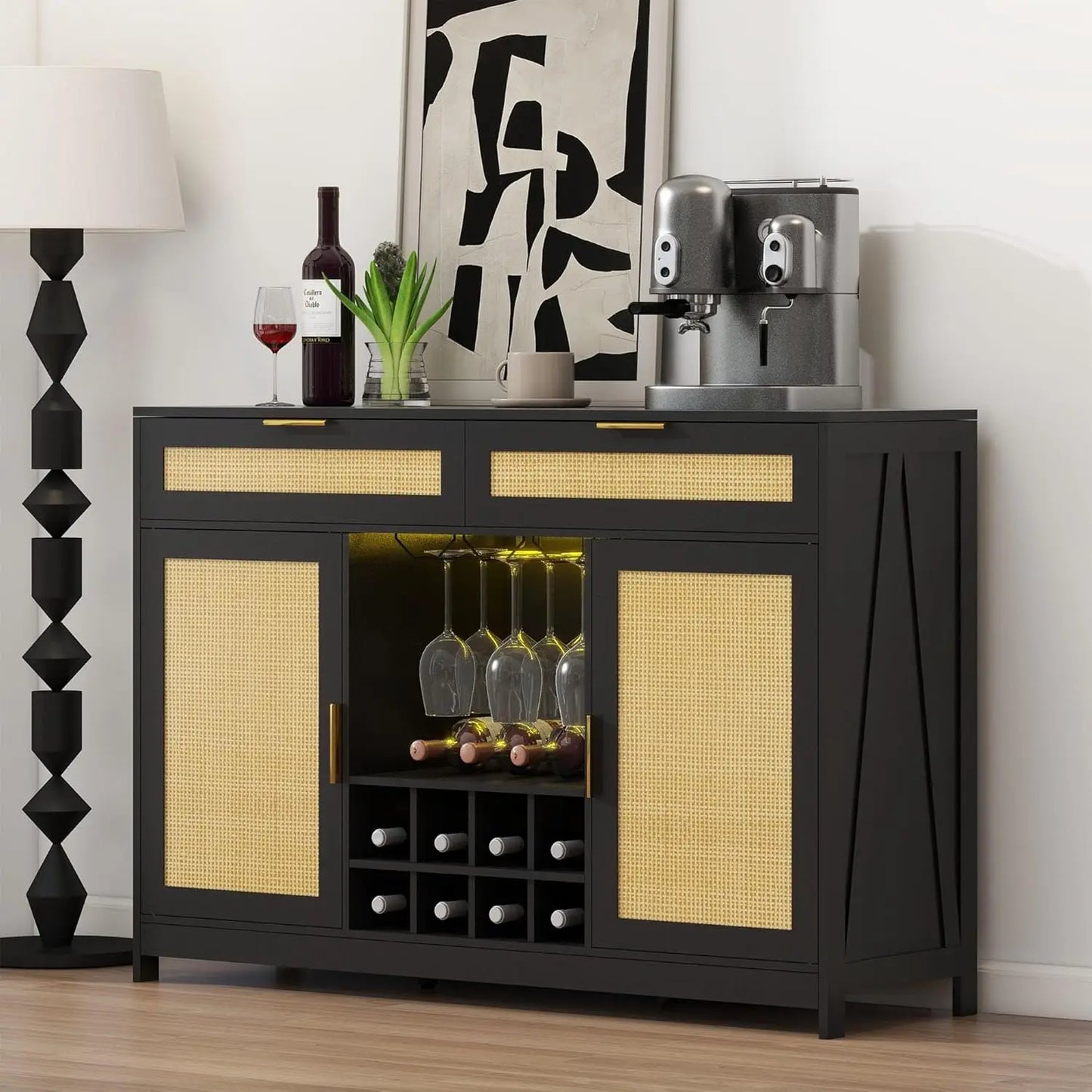 51.2'' Rattan Coffee Bar Cabinet – Boho Buffet with Drawers & LED Lights