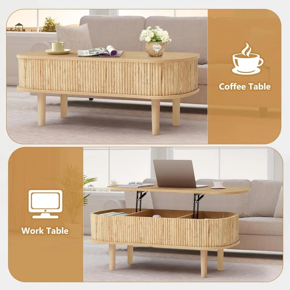 Modern Oval Fluted Lift-Top Coffee Table – Fully Assembled with Hidden Storage