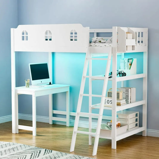 Smart Twin Loft Bed – LED Lights, Desk, APP Control & Charging Station