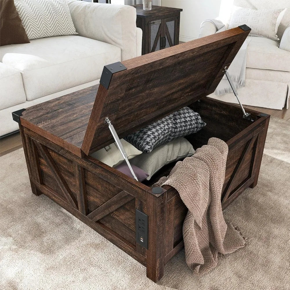 Farmhouse Lift-Top Coffee Table – Wood Center with USB Charging & Hidden Storage