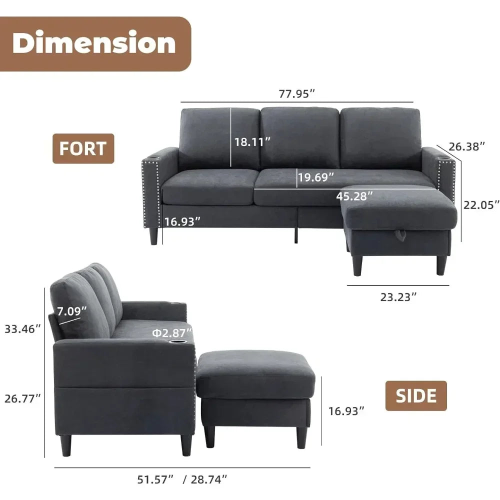 3-Seater Convertible L-Shaped Sectional – Storage Chaise & 2 Cup Holders