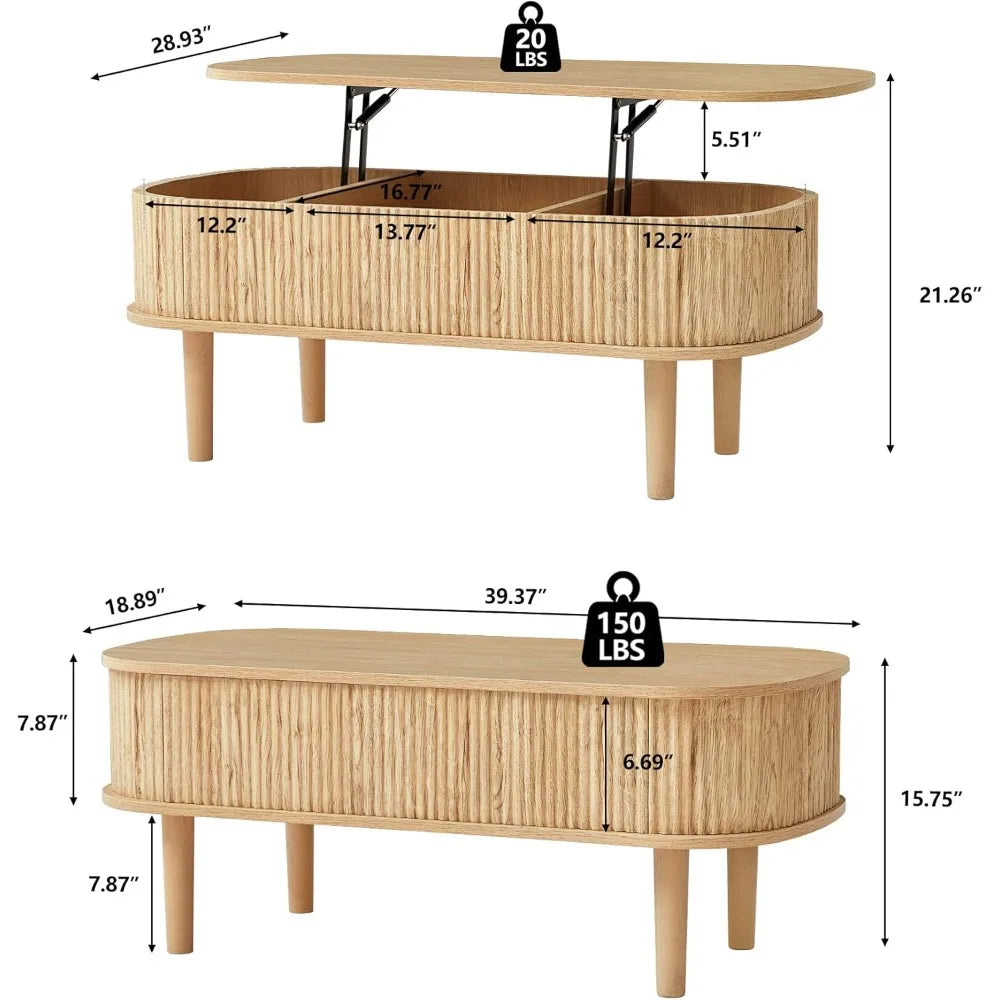 Modern Oval Fluted Lift-Top Coffee Table – Fully Assembled with Hidden Storage