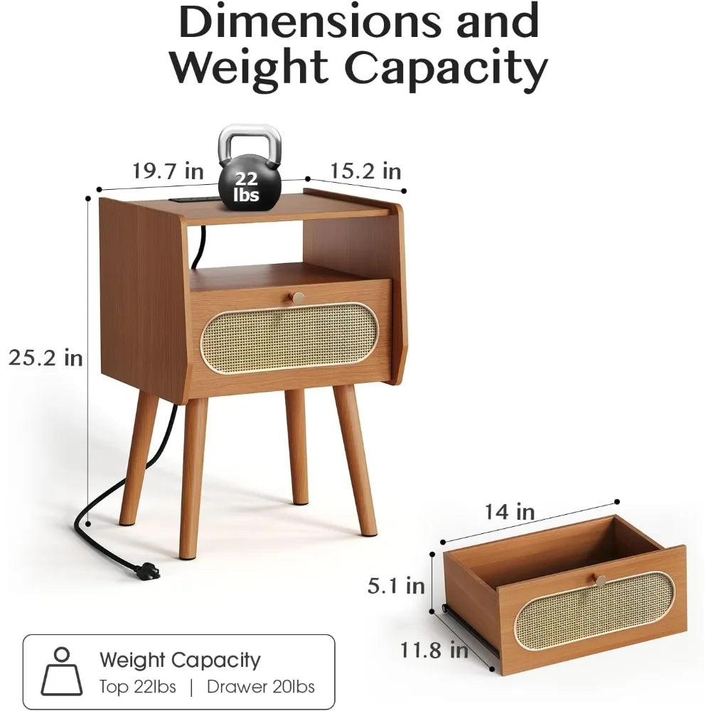 Set of 2 Mid-Century Modern Nightstands – Rattan Side Tables with Charging Station