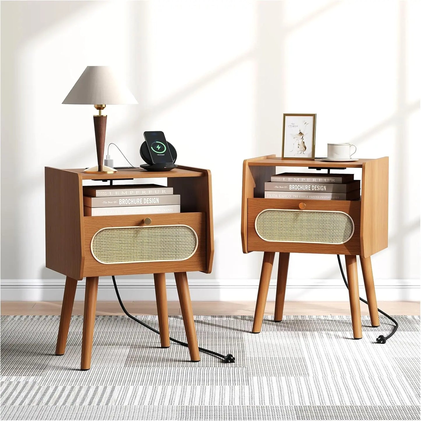 Set of 2 Mid-Century Modern Nightstands – Rattan Side Tables with Charging Station