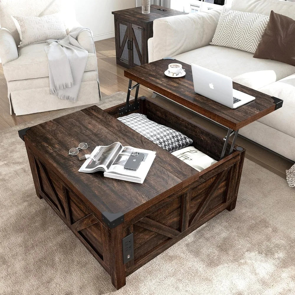 Farmhouse Lift-Top Coffee Table – Wood Center with USB Charging & Hidden Storage