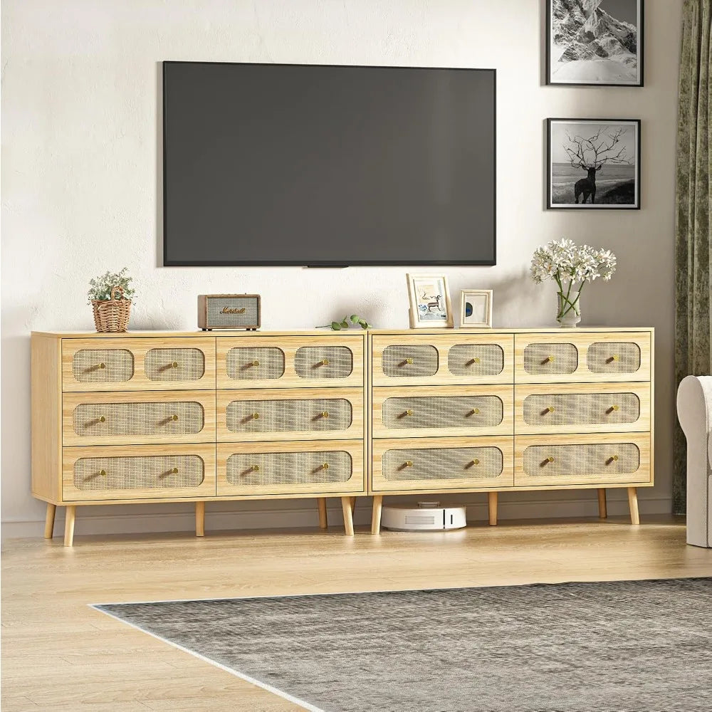 Rattan 6-Drawer Dresser – Modern Storage with Gold Handles