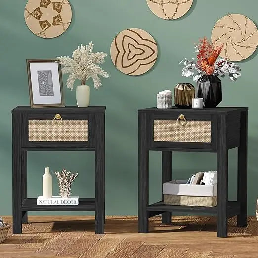 Rattan Boho Nightstand – Large Bedside Table with Drawers & Storage Shelf