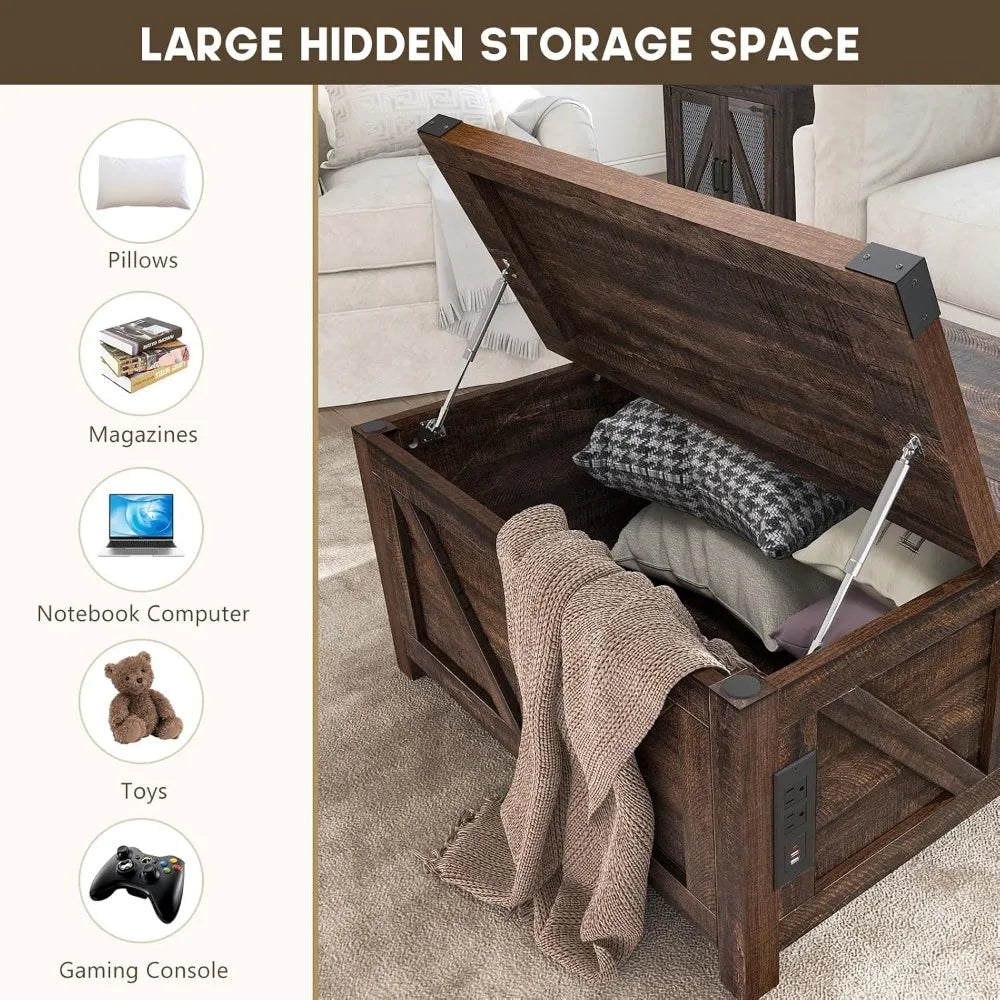 Farmhouse Lift-Top Coffee Table – Wood Center with USB Charging & Hidden Storage