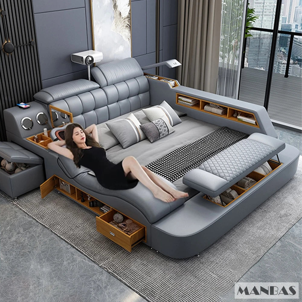 MANBAS Luxury Smart King Bed with USB & Projector