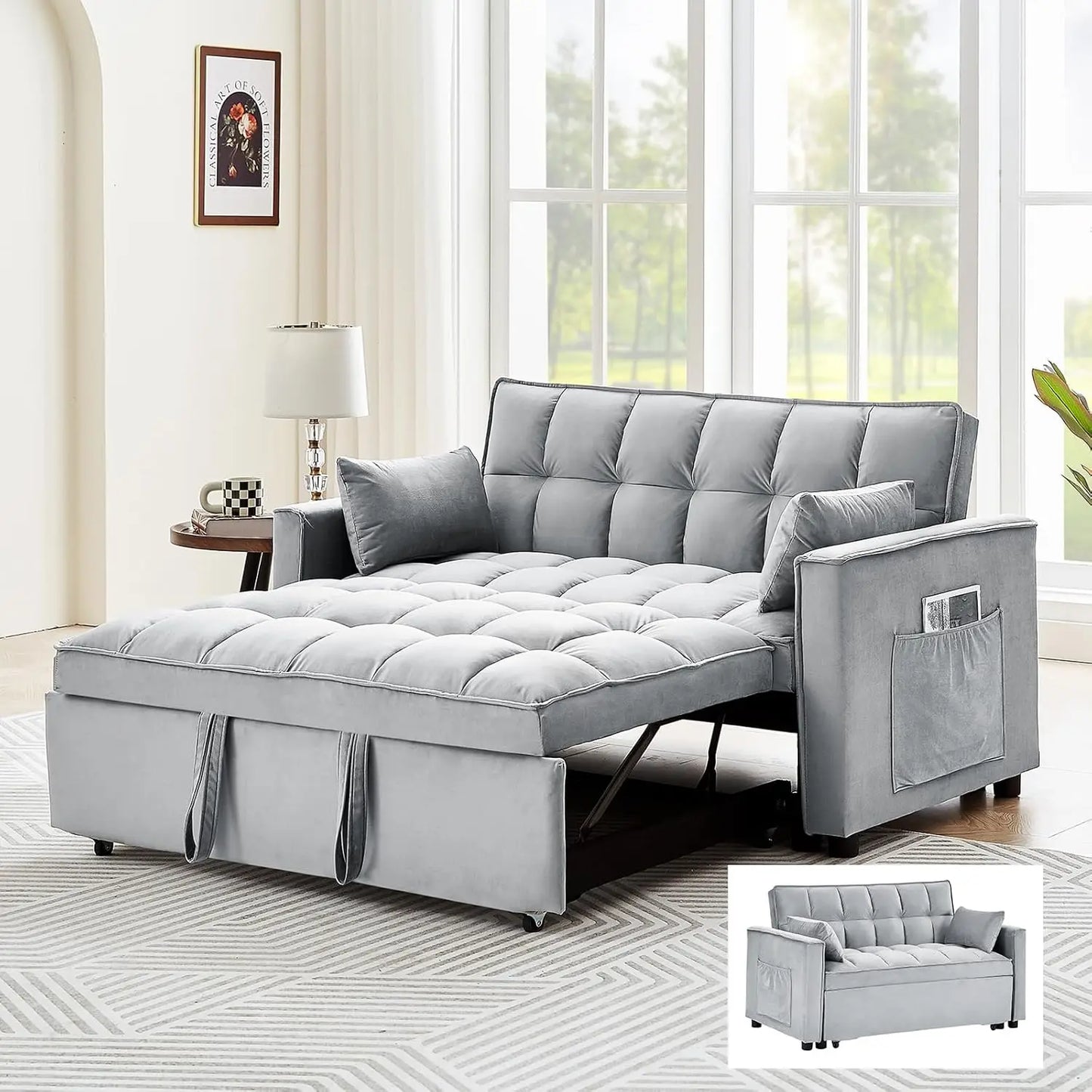 3-in-1 Velvet Convertible Sofa Bed: Adjustable Chaise & Pull-Out