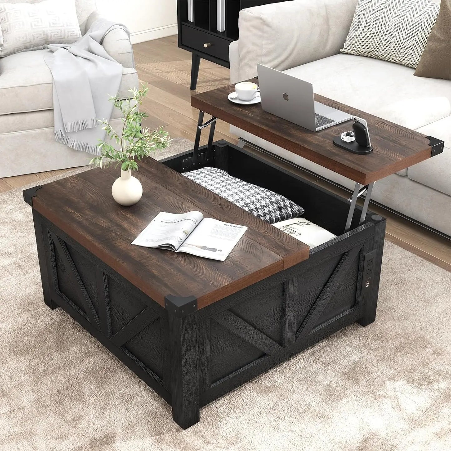 Farmhouse Lift-Top Coffee Table – Wood Center with USB Charging & Hidden Storage