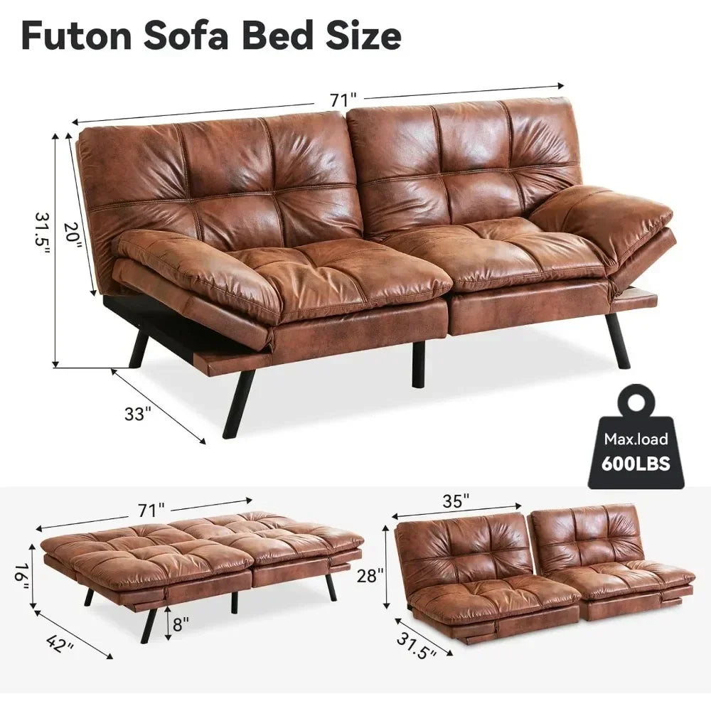 Memory Foam Leather Futon – Foldable Loveseat in Natural Brown