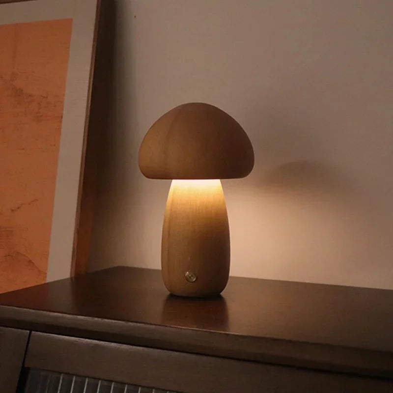 Wooden Cute Mushroom Bedside Table Lamp