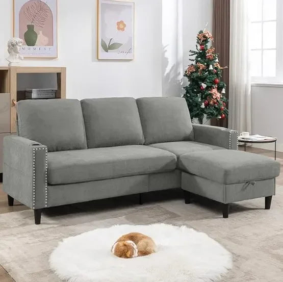 3-Seater Convertible L-Shaped Sectional – Storage Chaise & 2 Cup Holders