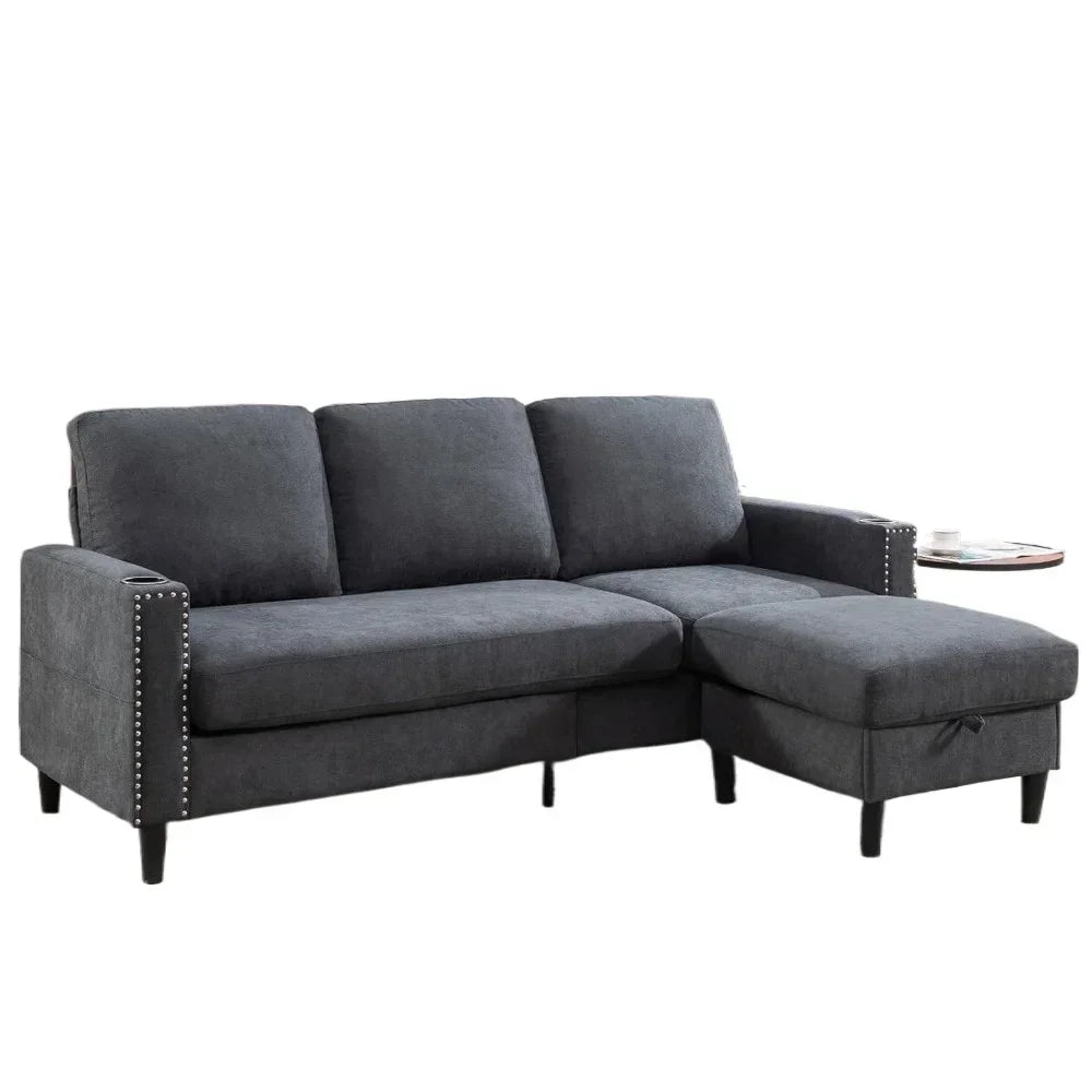 3-Seater Convertible L-Shaped Sectional – Storage Chaise & 2 Cup Holders