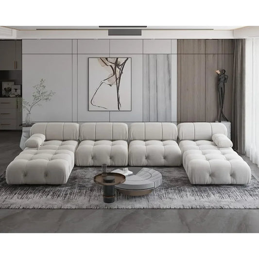 138'' Modular U-Shaped Velvet Sectional – Deep 6-Seat Minimalist Sofa