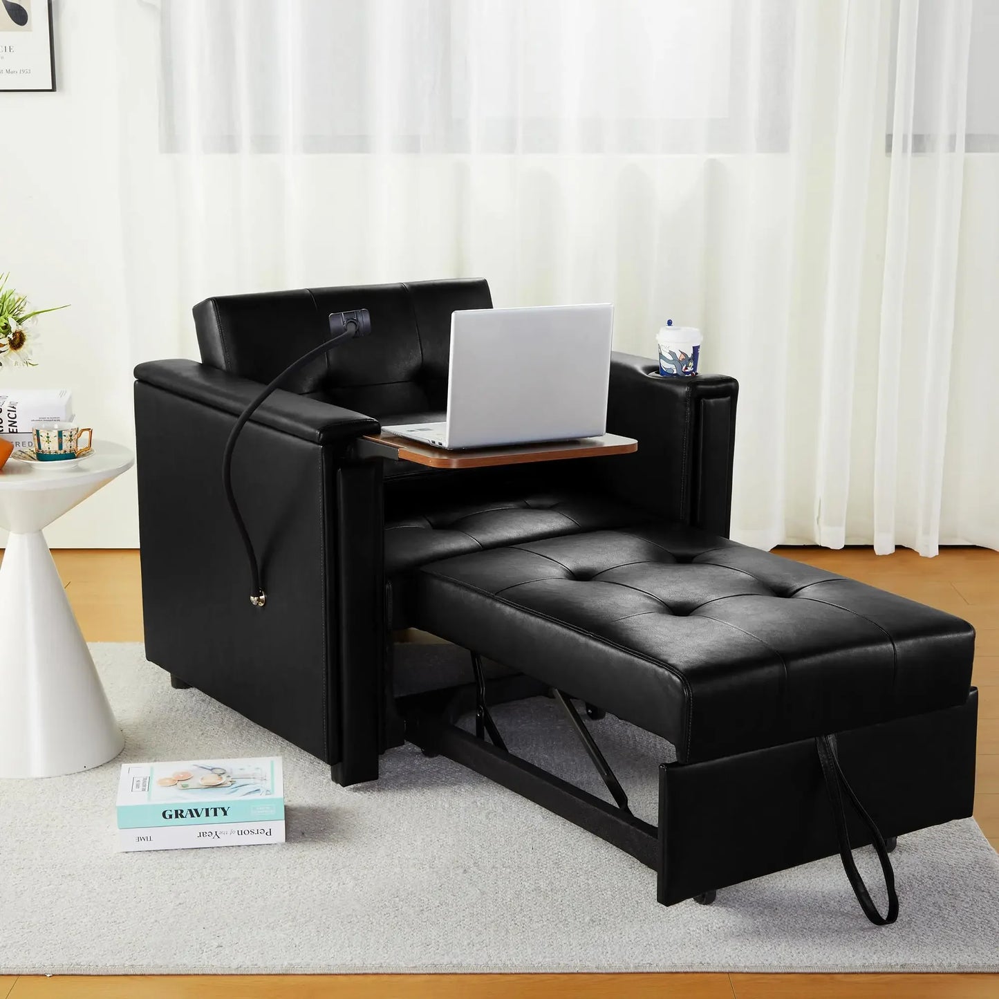 Leather 3-in-1 Convertible Chair Bed – Multi-Functional Lounge with Hidden Table