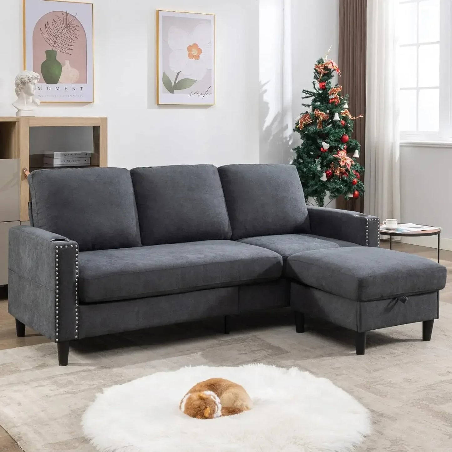 3-Seater Convertible L-Shaped Sectional – Storage Chaise & 2 Cup Holders