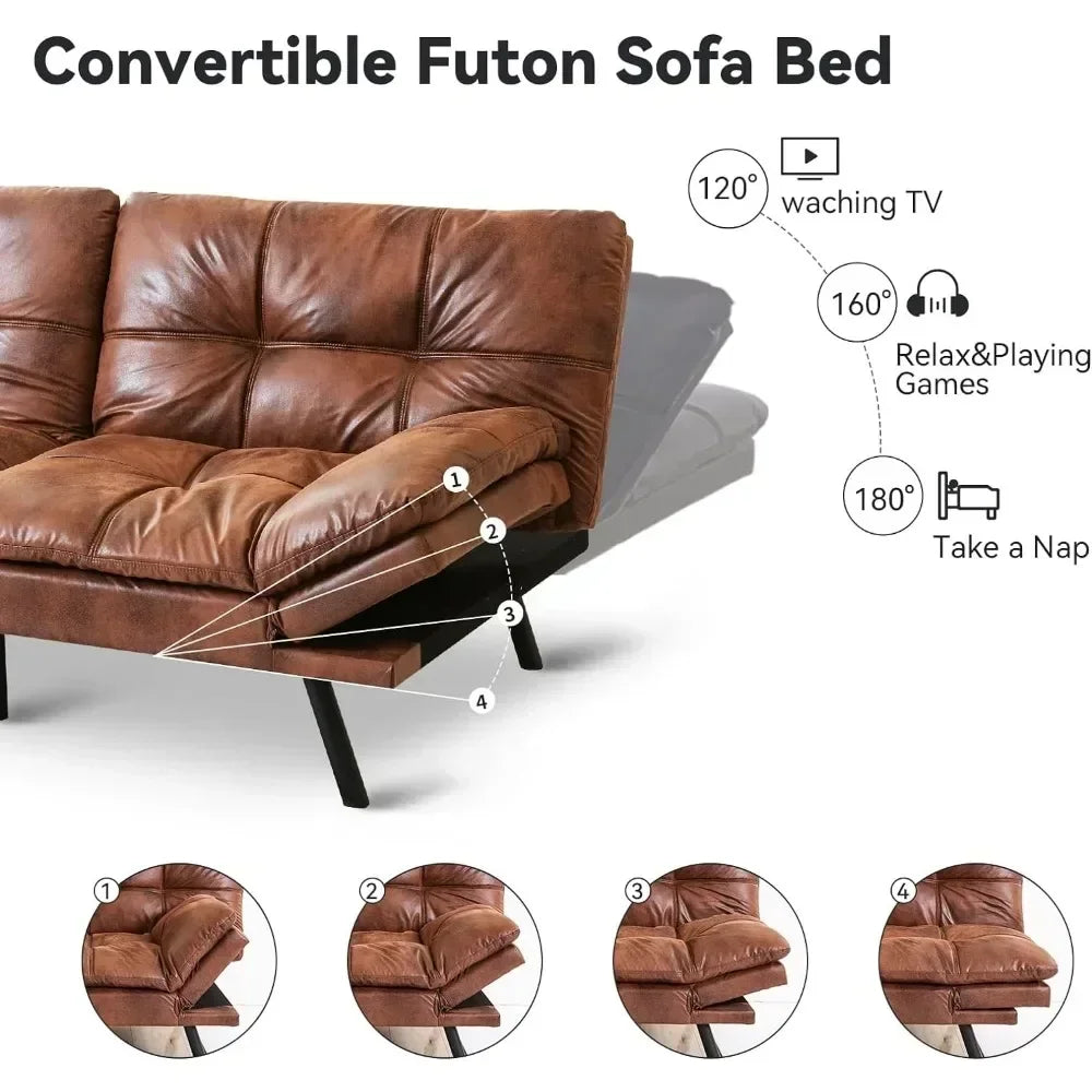 Memory Foam Leather Futon – Foldable Loveseat in Natural Brown