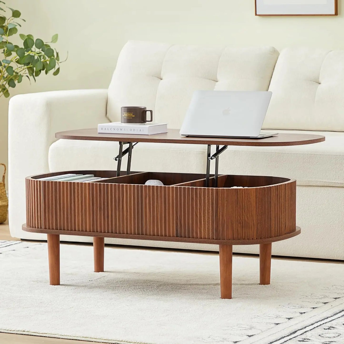 Modern Oval Fluted Lift-Top Coffee Table – Fully Assembled with Hidden Storage