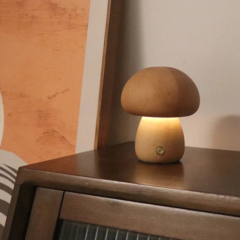 Wooden Cute Mushroom Bedside Table Lamp