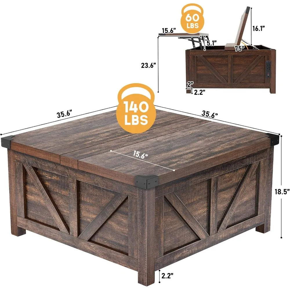 Farmhouse Lift-Top Coffee Table – Wood Center with USB Charging & Hidden Storage