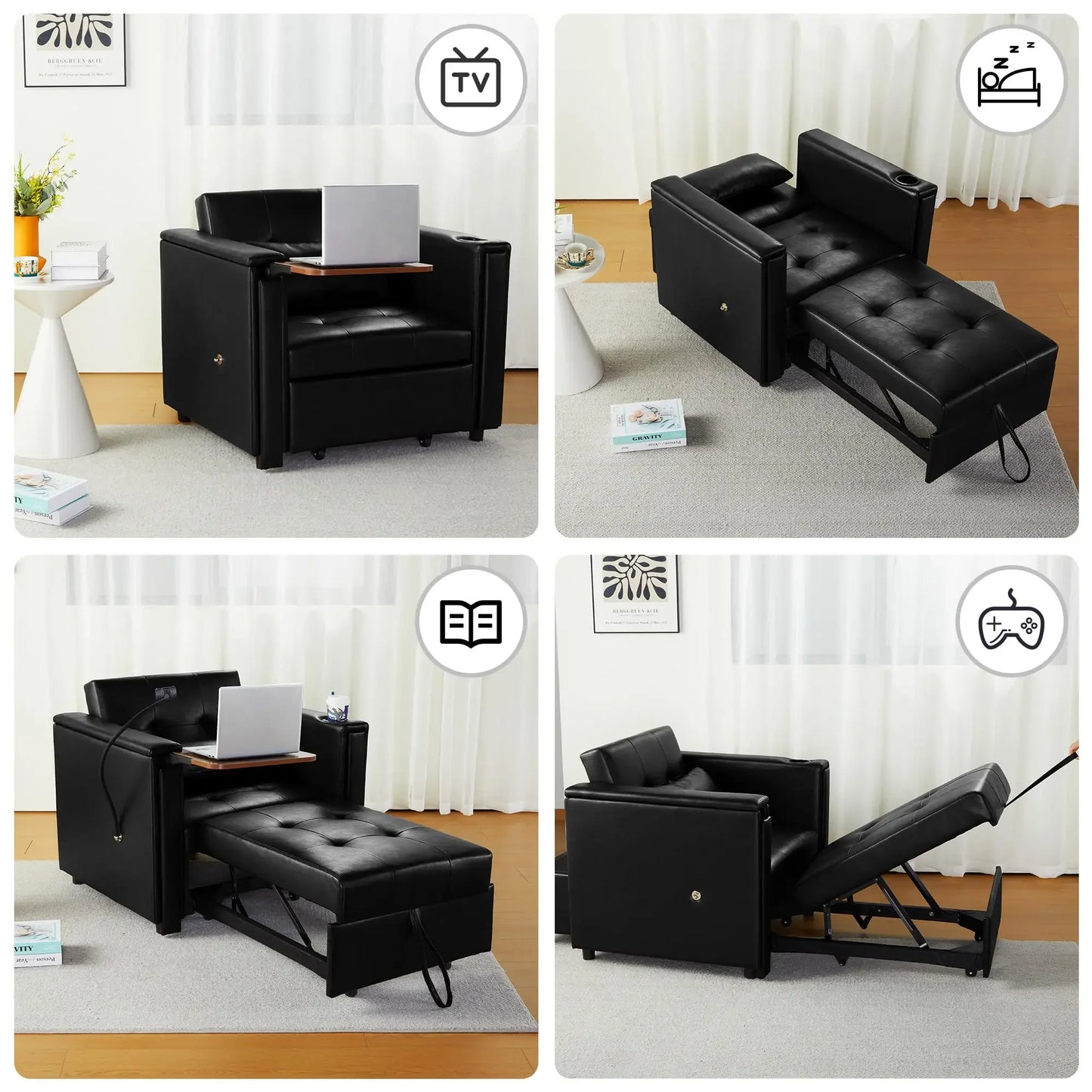 Leather 3-in-1 Convertible Chair Bed – Multi-Functional Lounge with Hidden Table