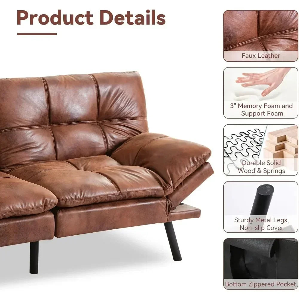 Memory Foam Leather Futon – Foldable Loveseat in Natural Brown