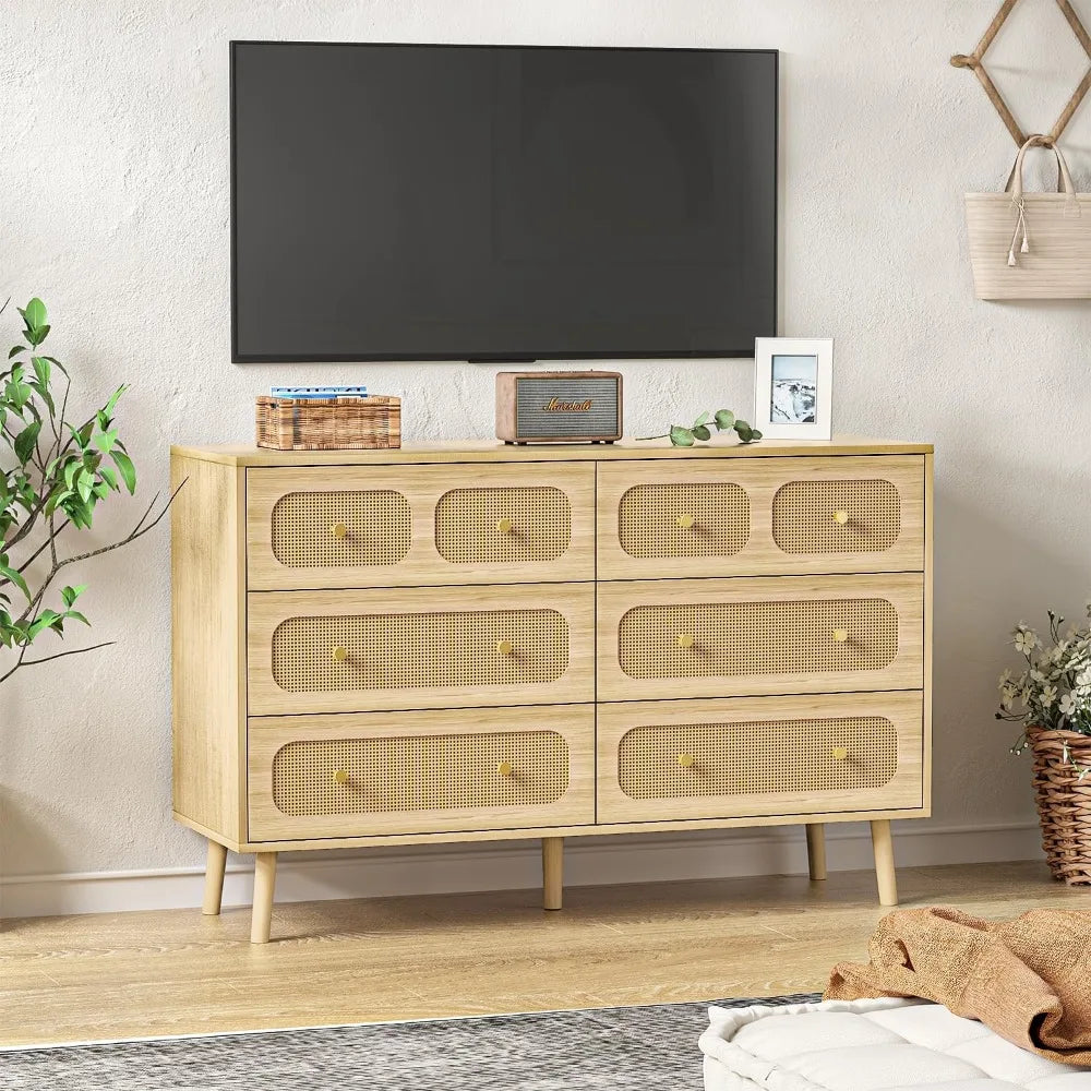 Rattan 6-Drawer Dresser – Modern Storage with Gold Handles