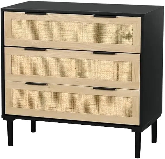 Large Rattan 3-Drawer Nightstand – Wooden Bedside Table for Queen/King Beds