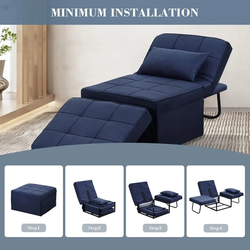 4-in-1 Futon Chair Bed – No-Install Folding Sofa, Adjustable Recliner (Dark Blue)