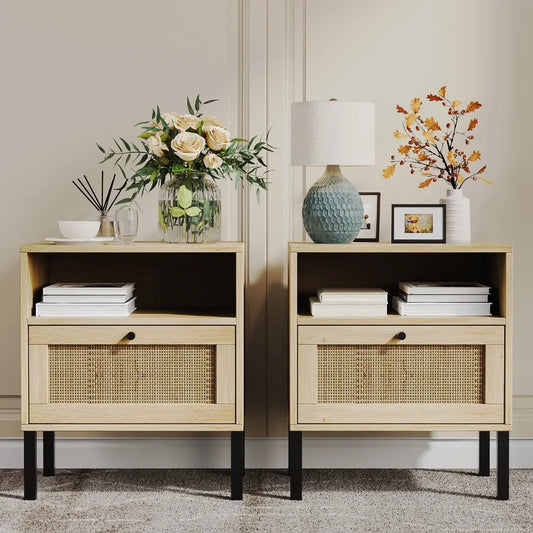 Set of 2 Natural Rattan Nightstands – Boho End Tables with Handcrafted Doors