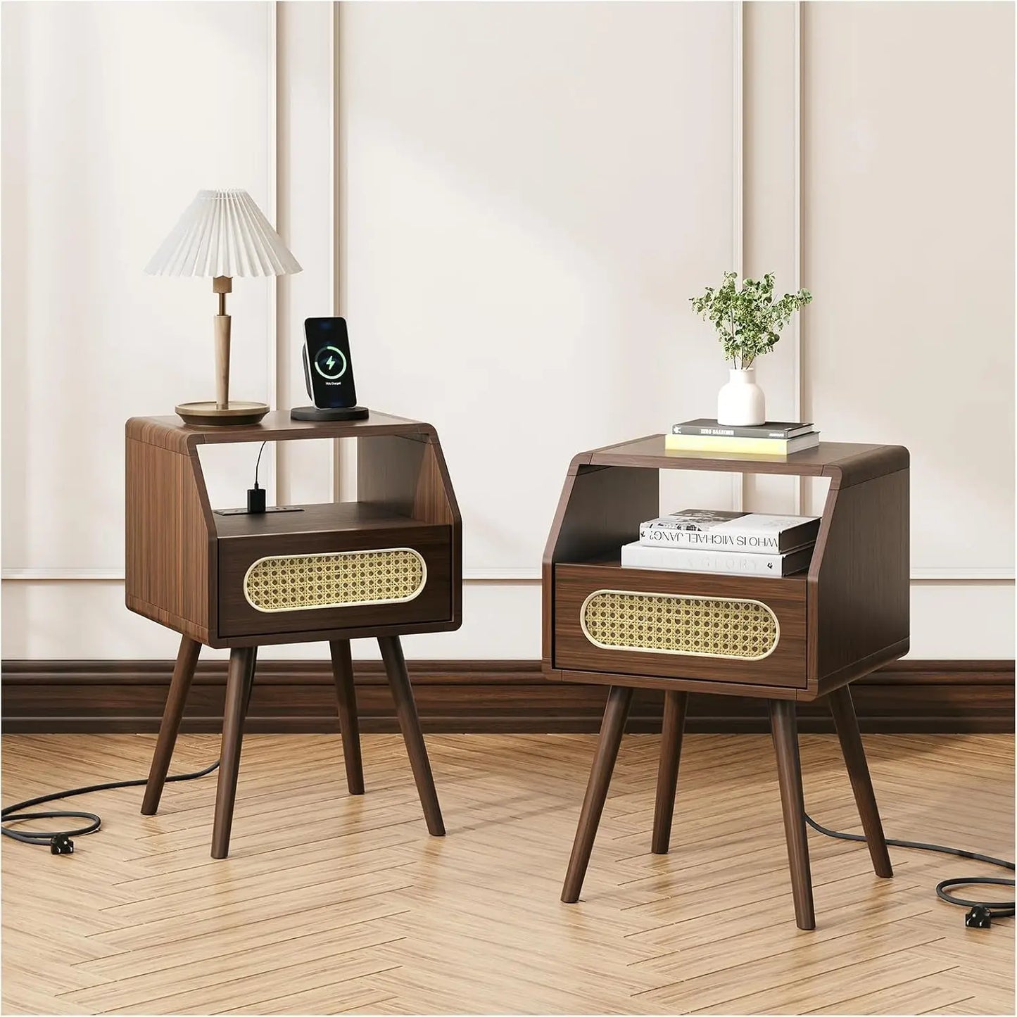 Set of 2 Mid-Century Modern Nightstands – Rattan Side Tables with Charging Station