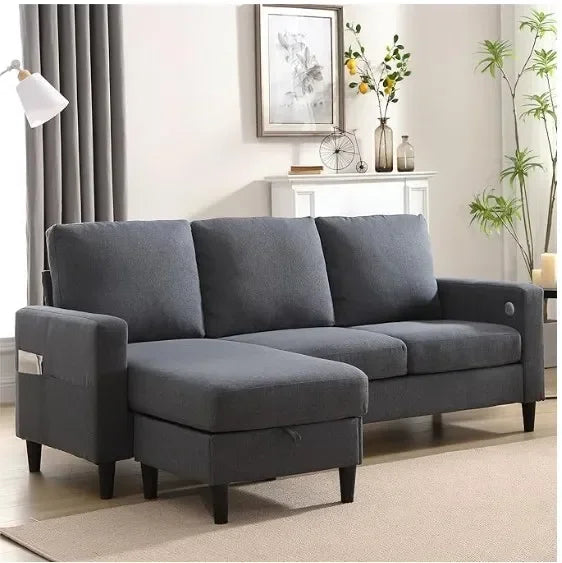 3-Seater Convertible L-Shaped Sectional – Storage Chaise & 2 Cup Holders