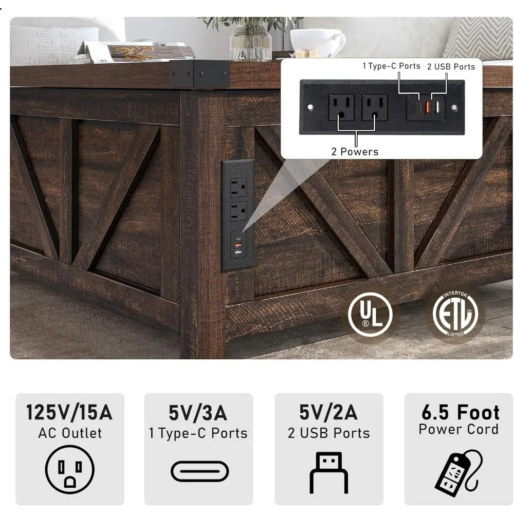 Farmhouse Lift-Top Coffee Table – Wood Center with USB Charging & Hidden Storage