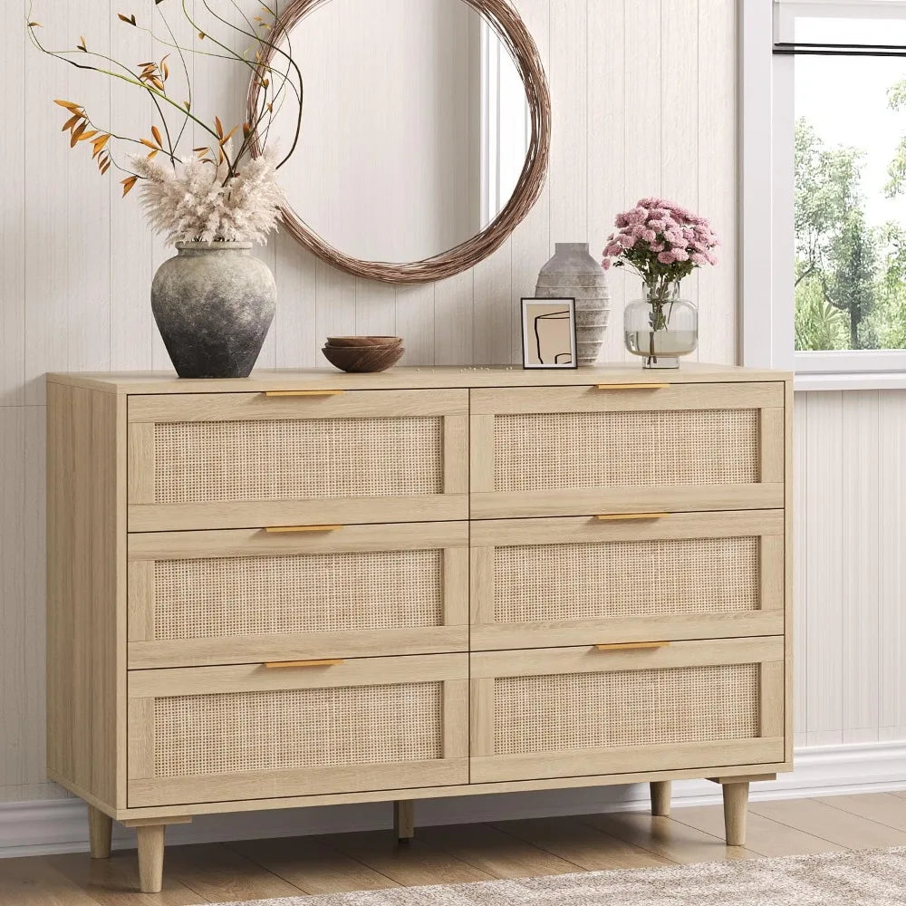 43" Rattan 6-Drawer Dresser – Boho & Farmhouse Storage Cabinet with Metal Handles