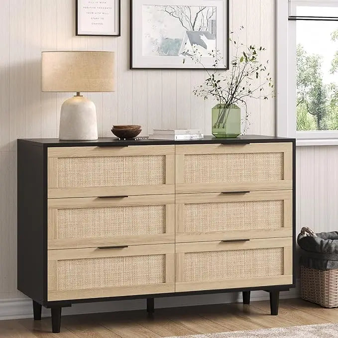 43" Rattan 6-Drawer Dresser – Boho & Farmhouse Storage Cabinet with Metal Handles