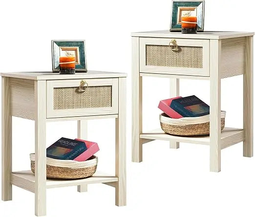 Rattan Boho Nightstand – Large Bedside Table with Drawers & Storage Shelf