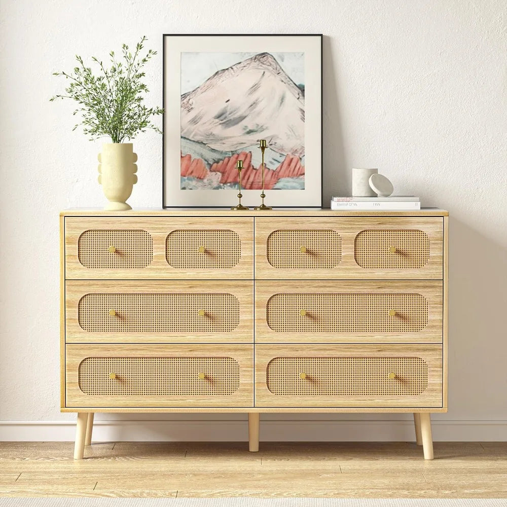 Rattan 6-Drawer Dresser – Modern Storage with Gold Handles