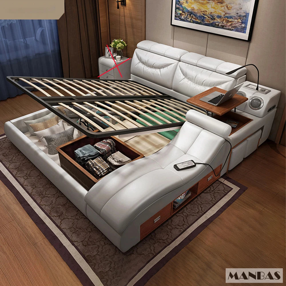 Linlamlim Bed Tech Smart Bed with Leather, Massage, USB, Bluetooth Speaker