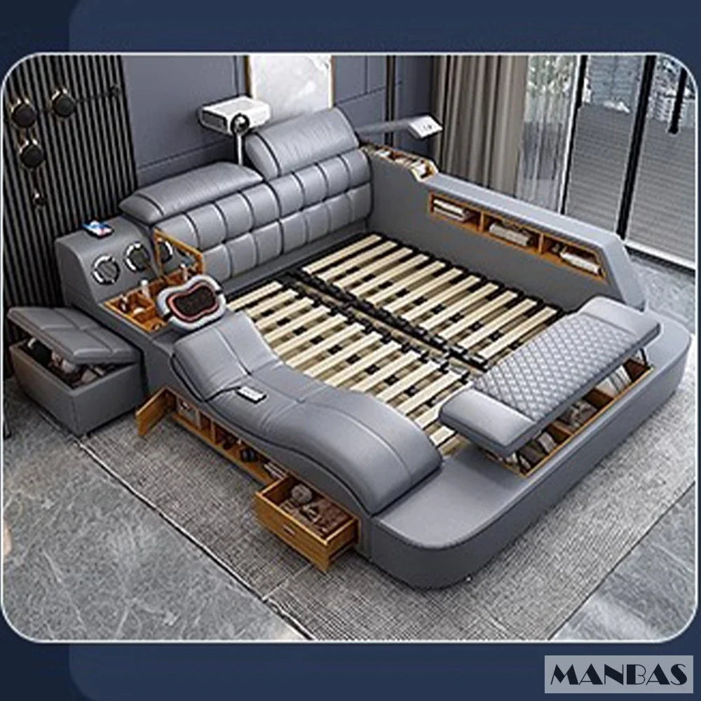 MANBAS Luxury Smart King Bed with USB & Projector