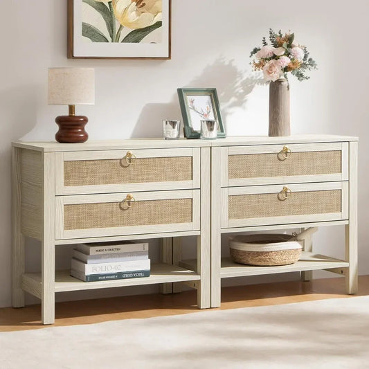 White Rattan Nightstand Set – Large Bedside Table with Drawers & Storage Shelf